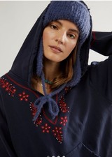 Free People Found Paisley Embroidered Hoodie Floral Distressing Wash Navy S NWT