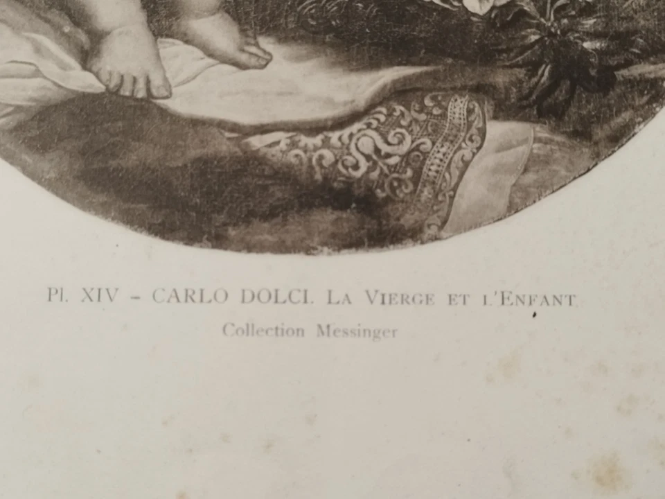 Antica stampa 1900 (1910) Carlo Dolci. Madonna. La Vergine col Bambino e i fiori - Immagine 4 di 4