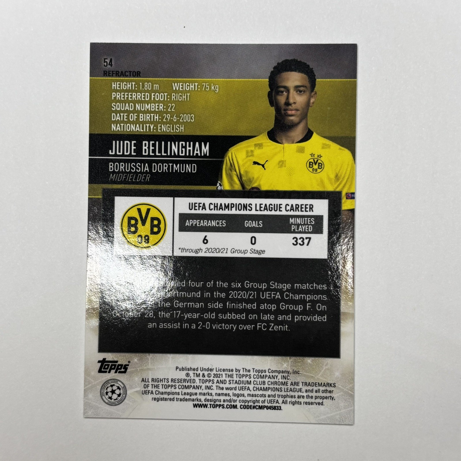 2020-21 Topps Jude Bellingham Stadium Club Chrome ROOKIE REFRACTOR! Dortmund... view 2