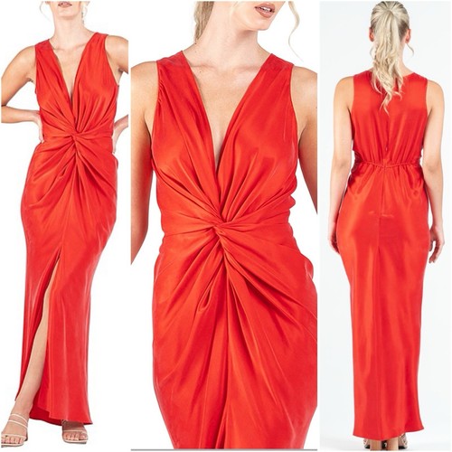 One Fell Swoop Size 12 Aus (8 US) Red Satin Gaia Twist Front Maxi Dress Designer - Picture 2 of 24