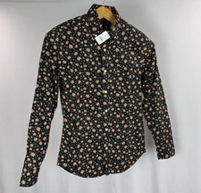 J CREW Button-Down Shirt Mens Small Black Floral LS Flex Washed Stretch Cotton