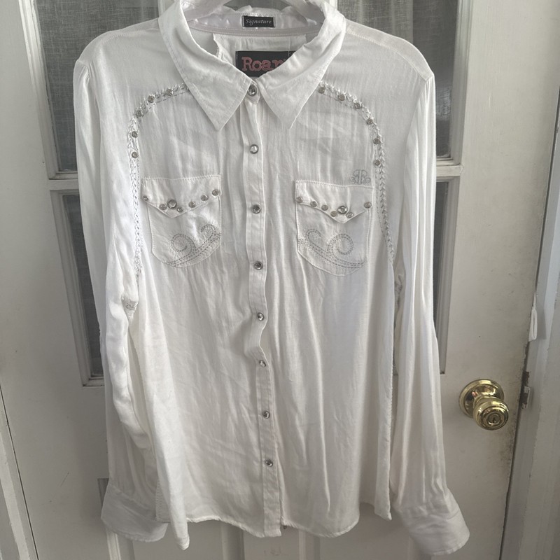 Roar Signature Women’s XL White Long Sleeve EUC Rhinestone Snapfront Western