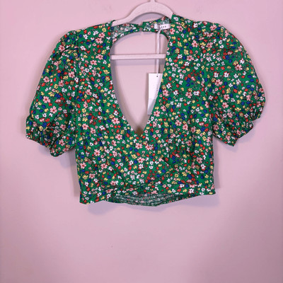 New Lush Green with Colorful Floral V Neck Open Back Cropped Blouse Large