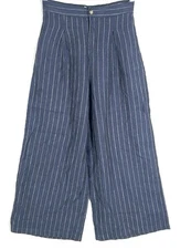 H Halston Pants Women Blue Pinstripe High Rise Wide Leg Career 100% Linen sz 6