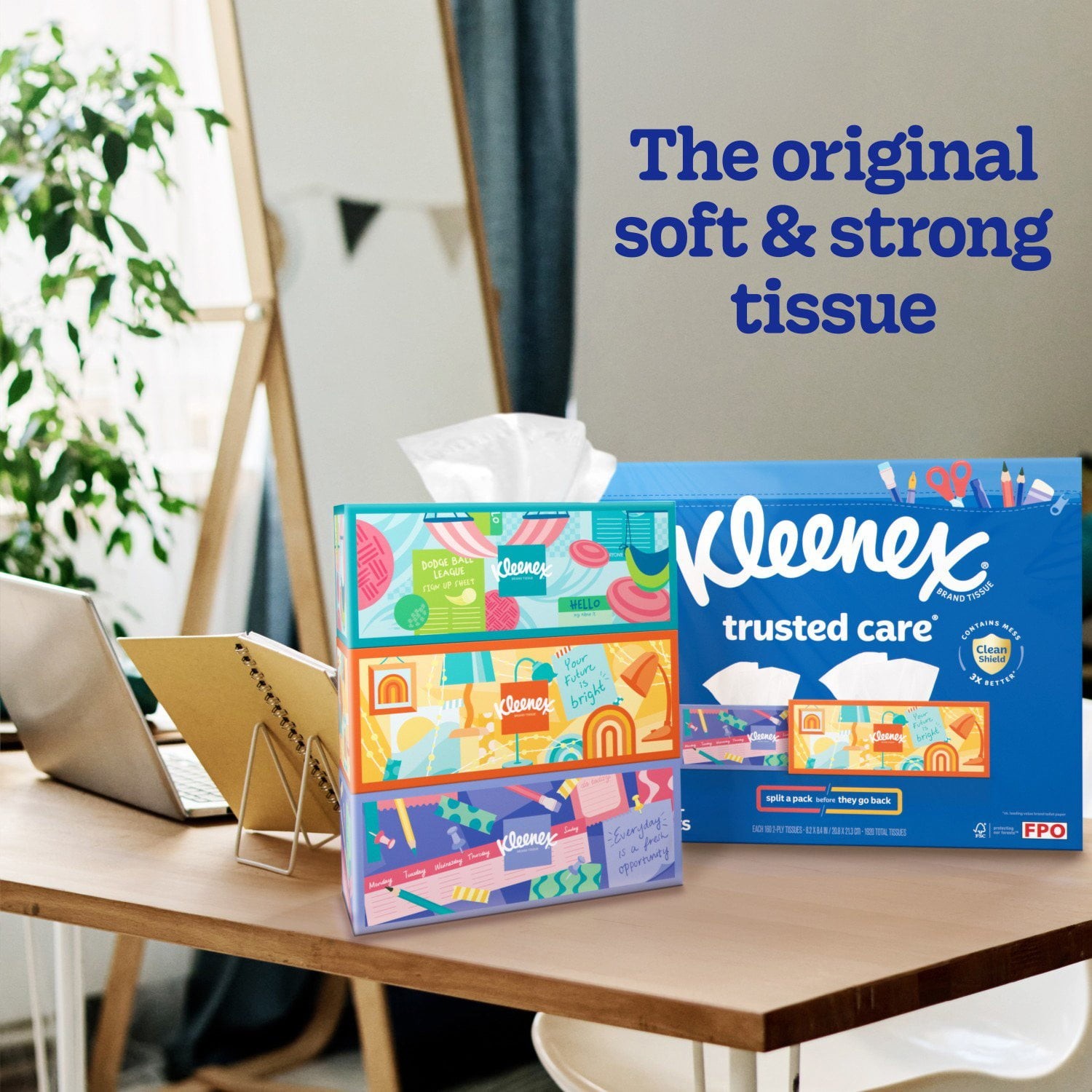 Kleenex Trusted Care 2-ply Facial Tissues, Flat Boxes 160 tissues/box, 12 boxes