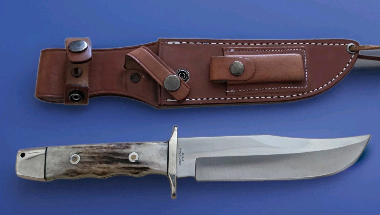 Vtg A.G. Russell 1999 Tak Fukuta Seki Japan Stag Bowie AUS8 Fixed Hunting Knife
