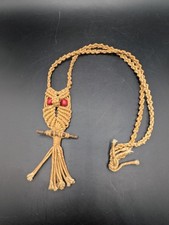 Vintage Macrame Owl Necklace Natural Jute Tassel Wooden Bead Red Eyes Boho 34"