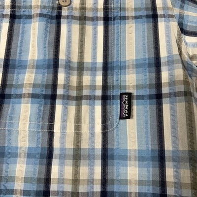 トップス 00'S patagonia Seersucker Check Shirt Patagonia Shirt Mens M Blue Plaid Short Sleeve Button Front Pocket