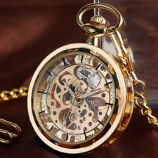 Vintage Mens Wind Up Pocket Watch Mechanical Steampunk Gold Pendant Chain Luxury