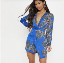 pretty little thing New Paisley thandie cobalt silky long sleeve wrap Mini dress