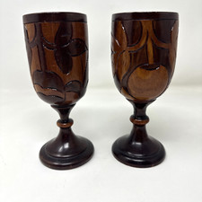 Vtg Hand Carved Wooden Goblets Set of 2 Flora...