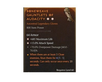 Diablo 4 Season7 Boneweave Gauntlets Of Audacity 2GA Legendary Gloves Item  Gear