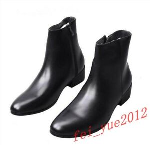 Mens Leather Cuban Heel Chelsea Ankle Boots Pointy Toe Business Dress Zip Shoes