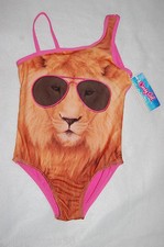 Girls 1 Pc Swimsuit LION w/ SUNGLASSES One Shoulder XS 4-5 S 6-6X M 7-8 L 10-12