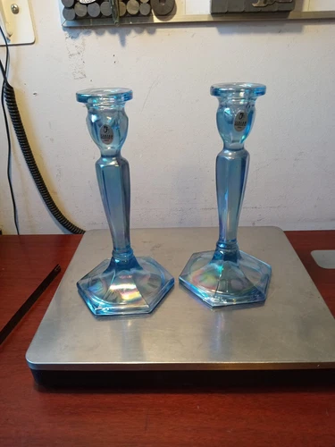 Pair Antique Fenton 8.5" Blue Stretch Glass Gilded Candlesticks #449 Florentine