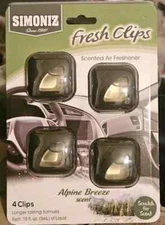 New SIMONIZ 4 Pack Fresh Clips Alpine Breeze Scent Car Vent Air Fresheners