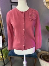 Karen Scott Pink Button Up Cardigan Embroidered Flower Wool Blend Size Small