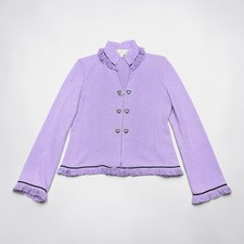 St John Collection Marie Gray Lavender Knit Fringe Jacket Heart Toggle Size 4