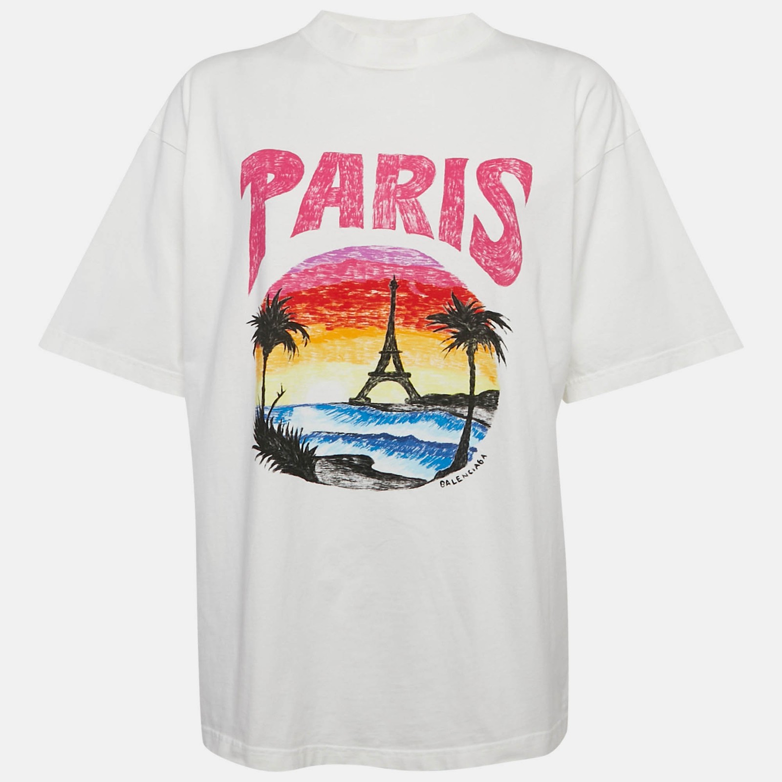 Balencaiga White Oversized Cotton Crew Neck T-Shirt with Print Size M