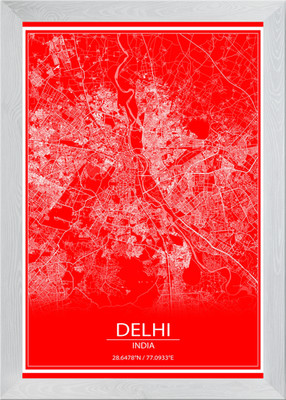 Delhi rot-weiß Karte gerahmtes Wandbild Poster Leinwanddruck Bild