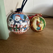 Vintage Christmas Ornaments Snowman Santa Lot of 2 Ball Ribbon