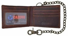 Men's RFID Signal Blocking Biker's Slim Bifold Chain Card ID Vintage Brown Leath