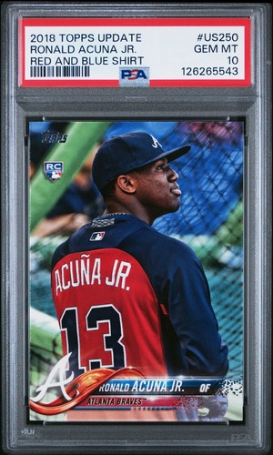 2018 Topps Update RONALD ACUNA JR. RED BLUE SHIRT ROOKIE SP #US250 PSA 10 BRAVES