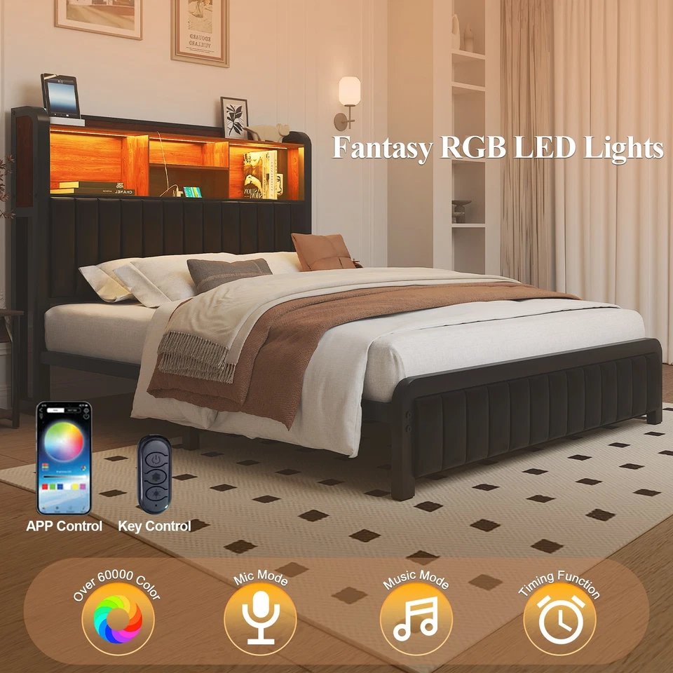 Marco de cama con cabecero de almacenamiento de 3 niveles, con luces LED, estación de carga. Foto 4 de 4