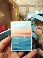Dipinto ad olio originale ACEO firmato arte paesaggio marino #5 nave a vela a...
