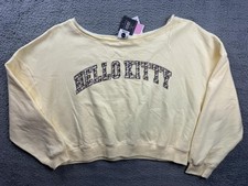 Hello Kitty Sweatshirt Womens XXL Yellow Boatneck Cropped Logo Fleece Pullover