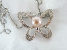 Sterling Silver 925 Pink Freshwater Pearl Butterfly Slide Pendant Necklace 18"