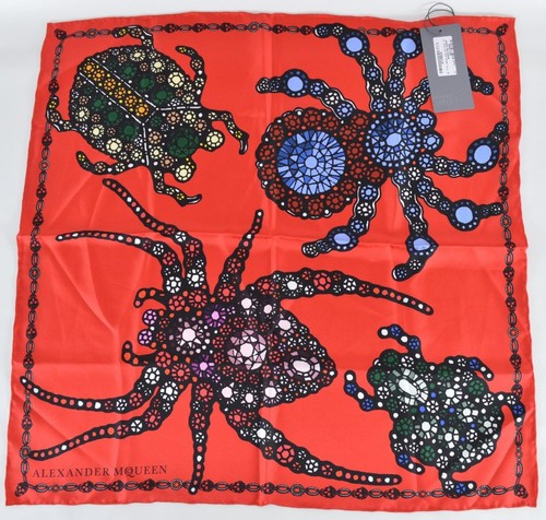 New Alexander McQueen 504444 Red JEWELED BUG Skull Silk Twill Scarf - Picture 1 of 9