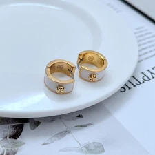 HOT Tory Burch Gold White Enamel Logo Huggie Earrings Luxury NWOT