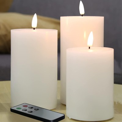 White Real Wax Flameless Pillar Candles with Remote, Flickering Flat Top LED ...