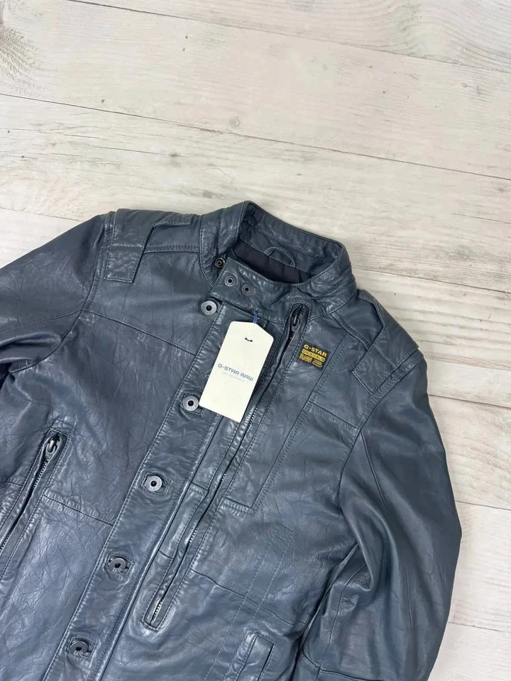 G Star Raw Finner Leather Jacket Biker Men Size S Blue - Image 2 of 4