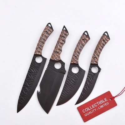 SK Customs 8'' Chef Knife Set 4pc Black Ember Carbon Steel Gift with Leather Roll