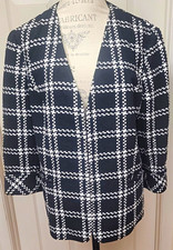 Kasper Women's Black/White Check Open Front Long Jacket Long Sleeve Size 16
