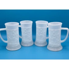 Vintage Milk Glass 6" Tankard Style Mugs with Tavern Pub Scene Set of 4