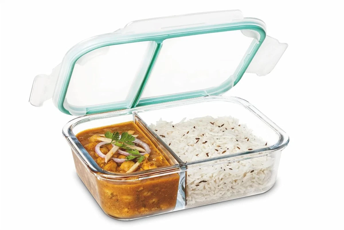 Slim High Microwave Safe Office Two Compartment Lunch Box Set, Borosilicate Gla