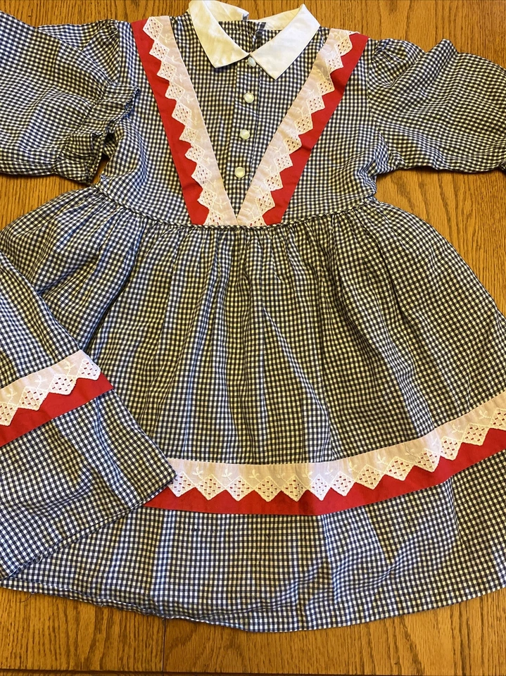 复古 Little Girl's Matching Twins 连衣裙 手工制作 B&W 格子 迷你格子  — 第 4/4 张图片