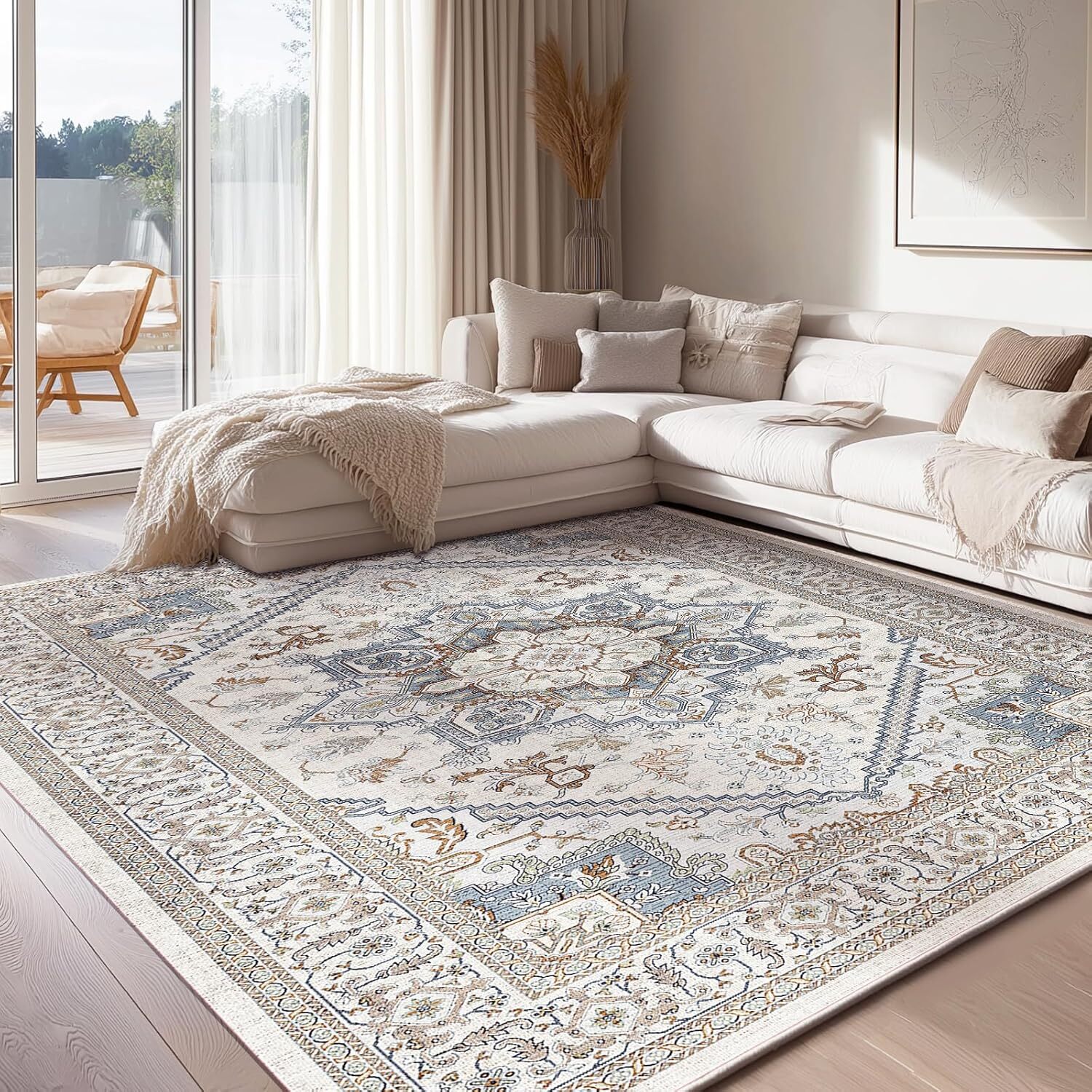 Soft Neutral 5x7 Faux Cashmere Washable Rug with Non-Slip Backing