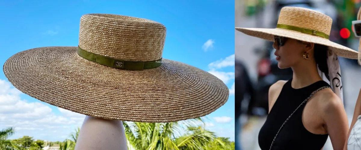 20P CHANEL BEIGE GREEN RIBBON TRIM RAFFIA STRAW FEDORA SUN HAT CAP S