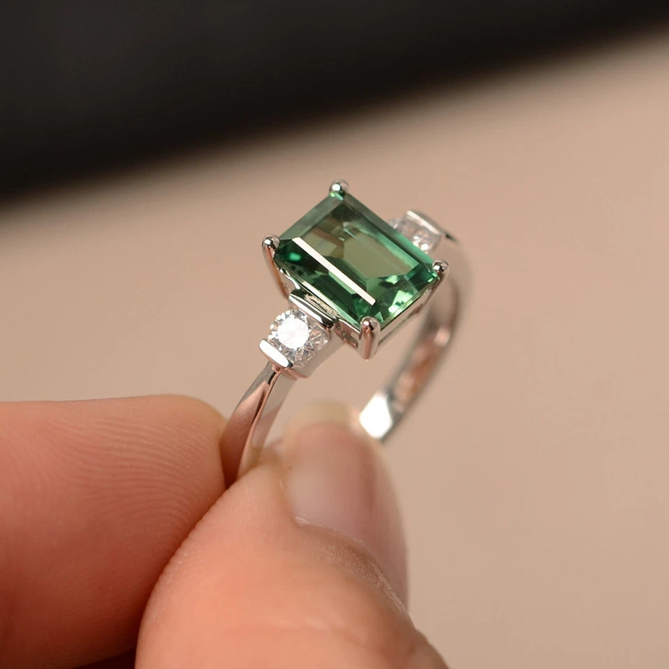 Anillo de compromiso único de plata corte esmeralda anillo de zafiro verde azulado Foto 2 de 4