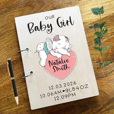 Holz Baby Mädchen schlafender Elefant Fotoalbum Erinnerungen neu Baby Andenken Buch