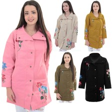 Ladies Long Sleeve Canvas Floral Embroidered Parka Lightweight Jacket Coat