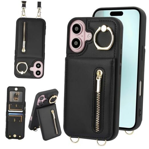Slim Black Crossbody Wallet Case with Lanyard for iPhone 16 (6.1