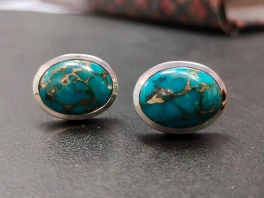 Gemelos ovalados de piedras preciosas turquesa cobre plata de ley 925 joyería regalo padre Foto 2 de 3