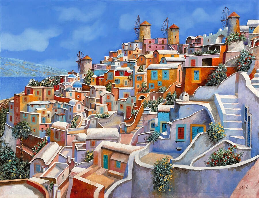 Salpicadero mural azulejo cerámico. Santorini Grecia terraza vista mar Mediterráneo