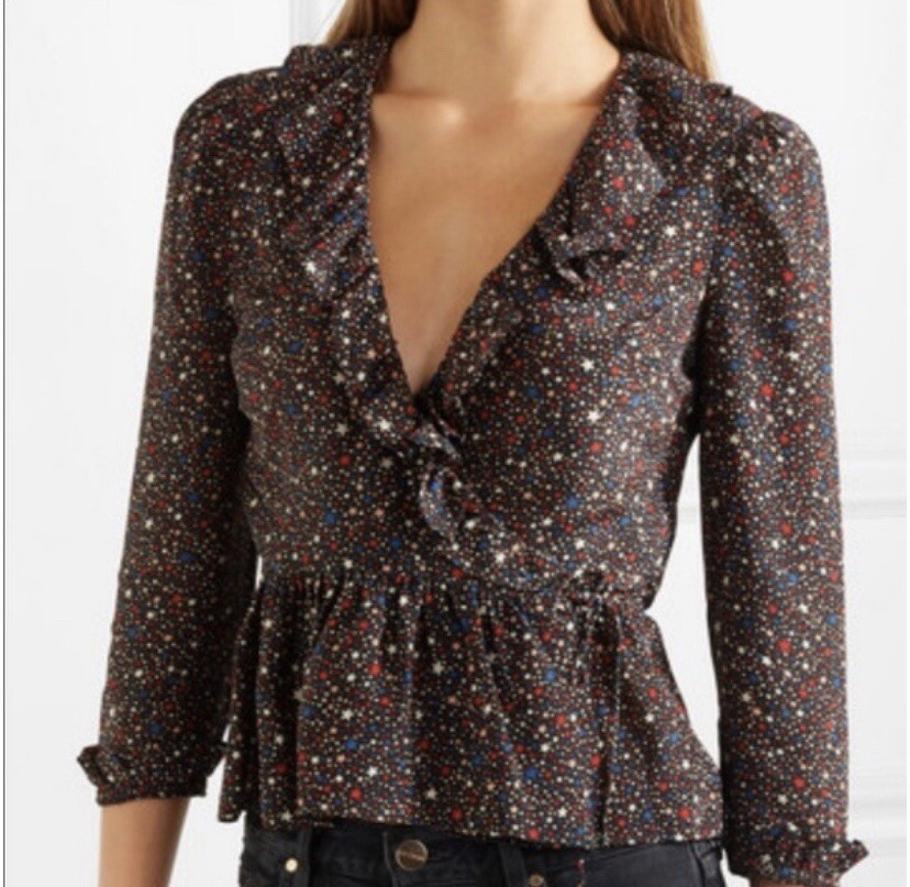 Madewell 100% Silk Navy Star Print Wrap Blouse Size Extra Small