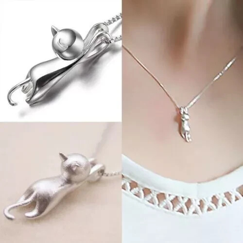 Silver Cat Pendant Necklace for Women - Kitty Chain Jewelry Gift for Cat Lovers